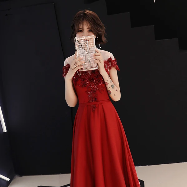 Chinese style Red See-through Evening Dresses  2019 A-Line / Princess High Neck Cap Sleeves Sash Appliques Lace Beading Floor-Length / Long Backless Formal Dresses