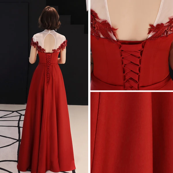 Chinese style Red See-through Evening Dresses  2019 A-Line / Princess High Neck Cap Sleeves Sash Appliques Lace Beading Floor-Length / Long Backless Formal Dresses
