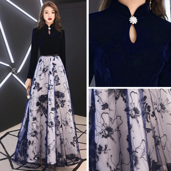 Abordable Style Chinois Bleu Marine Daim Robe De Soirée 2019 Princesse Col Haut Manches Longues Ceinture Appliques En Dentelle Longue Volants Robe De Ceremonie