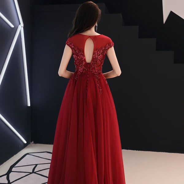 Chic / Beautiful Burgundy See-through Evening Dresses 2019 A-Line / Princess Scoop Neck Cap Sleeves Appliques Flower Beading Floor-Length / Long Ruffle Backless Formal Dresses