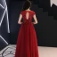 Chic / Beautiful Burgundy See-through Evening Dresses  2019 A-Line / Princess Scoop Neck Cap Sleeves Appliques Flower Beading Floor-Length / Long Ruffle Backless Formal Dresses