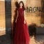 Chic / Beautiful Burgundy See-through Evening Dresses  2019 A-Line / Princess Scoop Neck Cap Sleeves Appliques Flower Beading Floor-Length / Long Ruffle Backless Formal Dresses