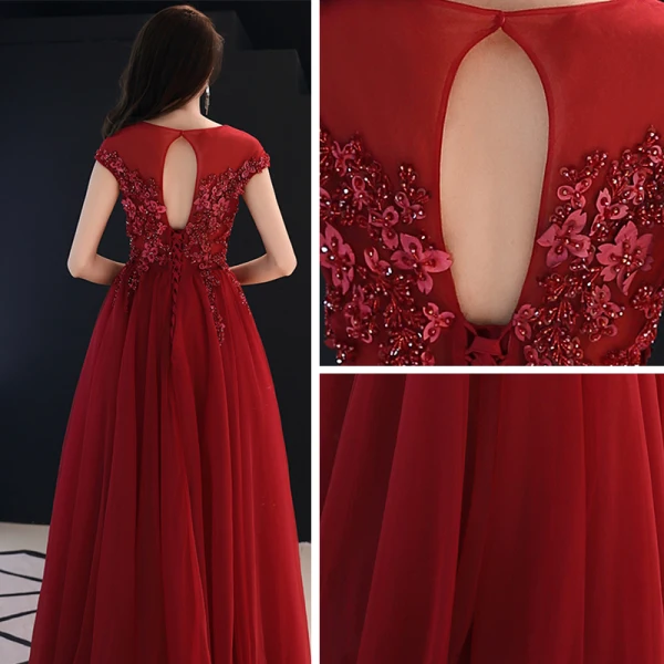 Chic / Beautiful Burgundy See-through Evening Dresses 2019 A-Line / Princess Scoop Neck Cap Sleeves Appliques Flower Beading Floor-Length / Long Ruffle Backless Formal Dresses