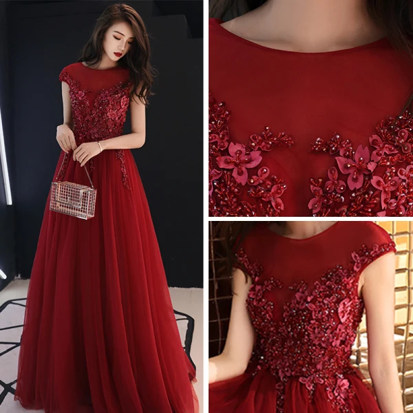Chic / Beautiful Burgundy See-through Evening Dresses 2019 A-Line / Princess Scoop Neck Cap Sleeves Appliques Flower Beading Floor-Length / Long Ruffle Backless Formal Dresses
