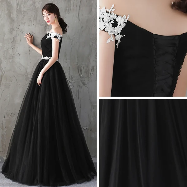 Affordable Black Evening Dresses  2019 A-Line / Princess Off-The-Shoulder Short Sleeve Appliques Lace Pearl Floor-Length / Long Ruffle Backless Formal Dresses
