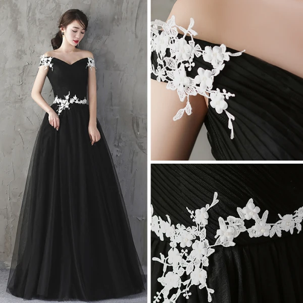 Affordable Black Evening Dresses  2019 A-Line / Princess Off-The-Shoulder Short Sleeve Appliques Lace Pearl Floor-Length / Long Ruffle Backless Formal Dresses