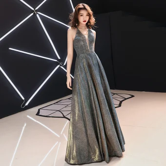 Affordable Grey Evening Dresses 2019 A Line Princess Deep V Neck Sleeveless Glitter Polyester Floor Length Long Ruffle Backless Formal Dresses