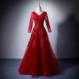 Moderne Mode Bordeaux Robe De Soirée 2019 Princesse V Cou Manches Longues Appliques En Dentelle Paillettes Longue Volants Dos Nu Robe De Ceremonie