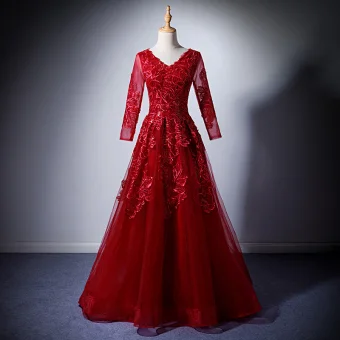 Moderne Mode Bordeaux Robe De Soirée 2019 Princesse V Cou Manches Longues Appliques En Dentelle Paillettes Longue Volants Dos Nu Robe De Ceremonie