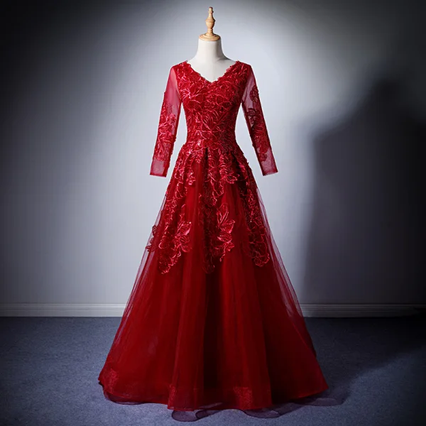 Modern / Fashion Burgundy Evening Dresses 2019 A-Line / Princess V-Neck Long Sleeve Appliques Lace Sequins Floor-Length / Long Ruffle Backless Formal Dresses