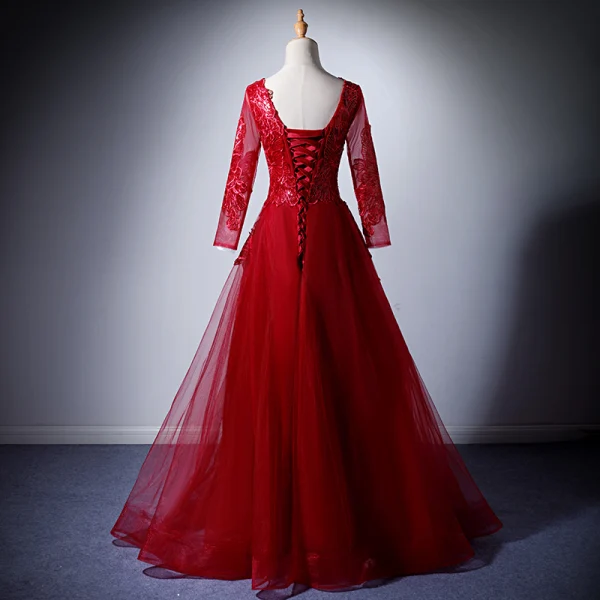 Modern / Fashion Burgundy Evening Dresses 2019 A-Line / Princess V-Neck Long Sleeve Appliques Lace Sequins Floor-Length / Long Ruffle Backless Formal Dresses