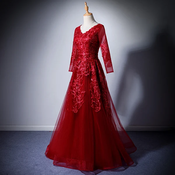 Modern / Fashion Burgundy Evening Dresses 2019 A-Line / Princess V-Neck Long Sleeve Appliques Lace Sequins Floor-Length / Long Ruffle Backless Formal Dresses
