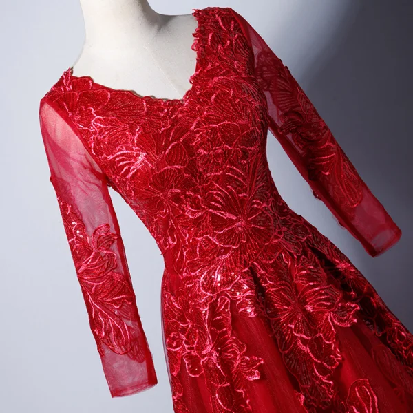 Modern / Fashion Burgundy Evening Dresses 2019 A-Line / Princess V-Neck Long Sleeve Appliques Lace Sequins Floor-Length / Long Ruffle Backless Formal Dresses