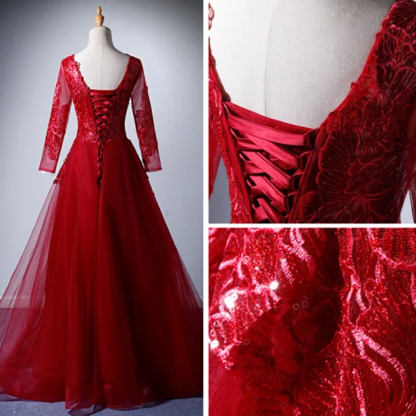 Modern / Fashion Burgundy Evening Dresses 2019 A-Line / Princess V-Neck Long Sleeve Appliques Lace Sequins Floor-Length / Long Ruffle Backless Formal Dresses