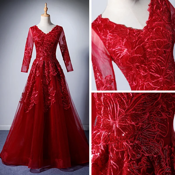Modern / Fashion Burgundy Evening Dresses 2019 A-Line / Princess V-Neck Long Sleeve Appliques Lace Sequins Floor-Length / Long Ruffle Backless Formal Dresses