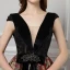 Sexy Noire Robe De Soirée 2019 Princesse V-Cou Sans Manches Perlage Faux Diamant Ceinture Impression Fleur Tribunal Train Volants Dos Nu Robe De Ceremonie