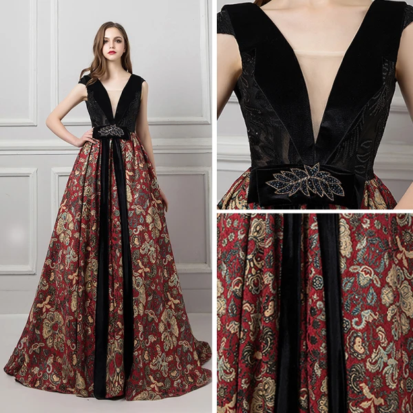 Sexy Noire Robe De Soirée 2019 Princesse V-Cou Sans Manches Perlage Faux Diamant Ceinture Impression Fleur Tribunal Train Volants Dos Nu Robe De Ceremonie