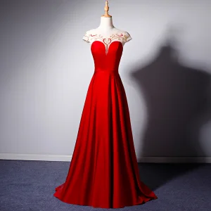 Classy Red See Through Evening Dresses 2019 A Line Princess Scoop Neck Cap Sleeves Beading Floor Length Long Ruffle Backless Formal Dresses