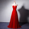 Classy Red See-through Evening Dresses  2019 A-Line / Princess Scoop Neck Cap Sleeves Beading Floor-Length / Long Ruffle Backless Formal Dresses