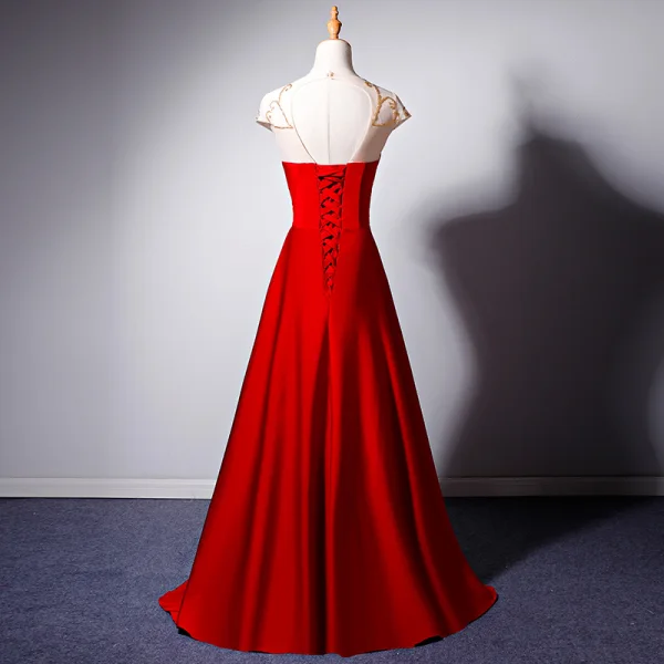 Chic Rouge Transparentes Robe De Soirée 2019 Princesse Encolure Dégagée Mancherons Perlage Longue Volants Dos Nu Robe De Ceremonie