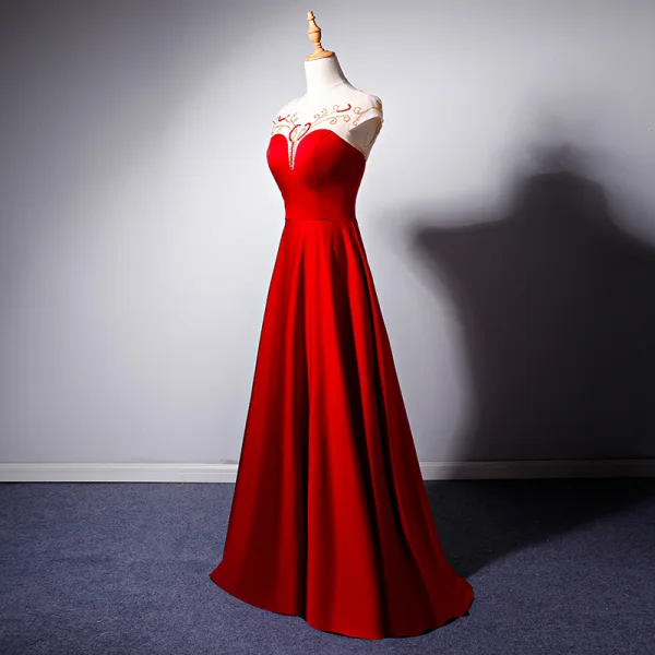 Chic Rouge Transparentes Robe De Soirée 2019 Princesse Encolure Dégagée Mancherons Perlage Longue Volants Dos Nu Robe De Ceremonie