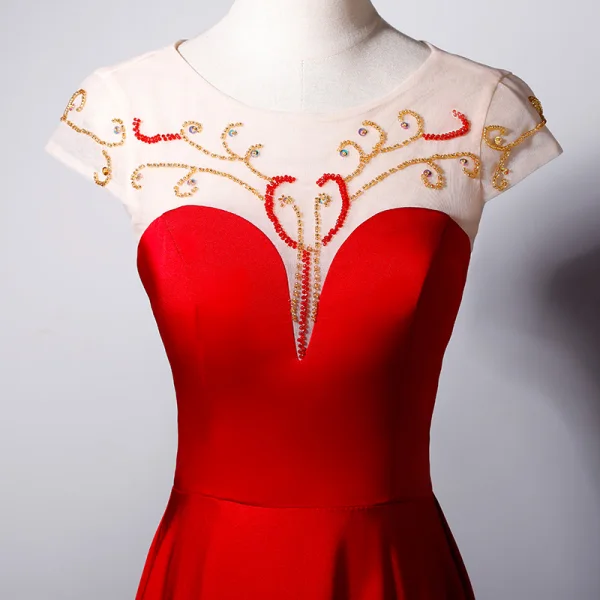 Chic Rouge Transparentes Robe De Soirée 2019 Princesse Encolure Dégagée Mancherons Perlage Longue Volants Dos Nu Robe De Ceremonie