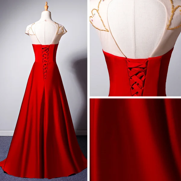Chic Rouge Transparentes Robe De Soirée 2019 Princesse Encolure Dégagée Mancherons Perlage Longue Volants Dos Nu Robe De Ceremonie