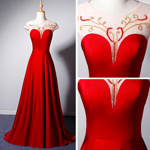 Chic Rouge Transparentes Robe De Soirée 2019 Princesse Encolure Dégagée Mancherons Perlage Longue Volants Dos Nu Robe De Ceremonie