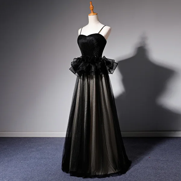 Chic / Beautiful Black Prom Dresses 2019 A-Line / Princess Spaghetti Straps Sleeveless Floor-Length / Long Ruffle Backless Formal Dresses