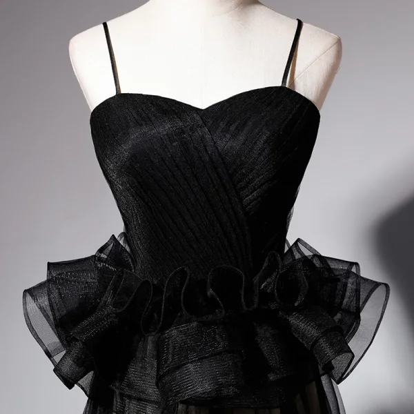 Chic / Beautiful Black Prom Dresses 2019 A-Line / Princess Spaghetti Straps Sleeveless Floor-Length / Long Ruffle Backless Formal Dresses