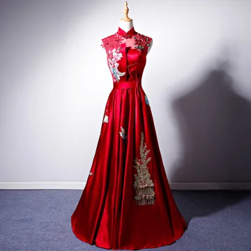 Chinese Style Red Satin See Through Evening Dresses 2019 A Line Princess High Neck Sleeveless Bow Sash Embroidered Flower Pearl Rhinestone Floor Length Long Ruffle Backless Formal Dresses