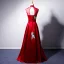 Style Chinois Rouge Satin Transparentes Robe De Soirée 2019 Princesse Col Haut Sans Manches Noeud Ceinture Brodé Fleur Perle Faux Diamant Longue Volants Dos Nu Robe De Ceremonie