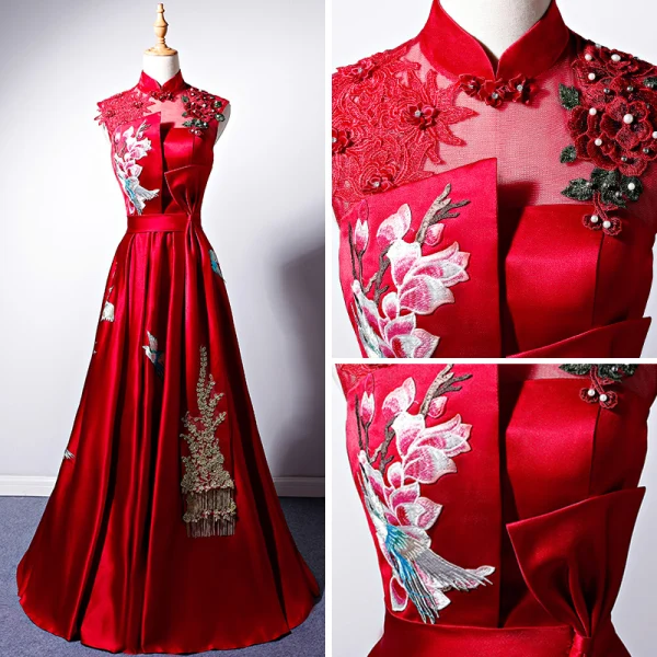 Style Chinois Rouge Satin Transparentes Robe De Soirée 2019 Princesse Col Haut Sans Manches Noeud Ceinture Brodé Fleur Perle Faux Diamant Longue Volants Dos Nu Robe De Ceremonie