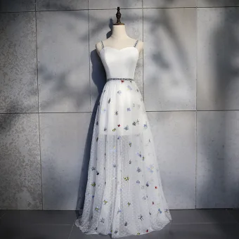 Lovely Ivory Summer Evening Dresses 2019 A Line Princess Shoulders Sleeveless Butterfly Embroidered Floor Length Long Ruffle Backless Formal Dresses