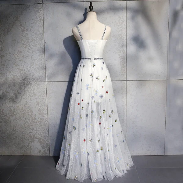 Lovely Ivory Summer Evening Dresses 2019 A-Line / Princess Shoulders Sleeveless Butterfly Embroidered Floor-Length / Long Ruffle Backless Formal Dresses
