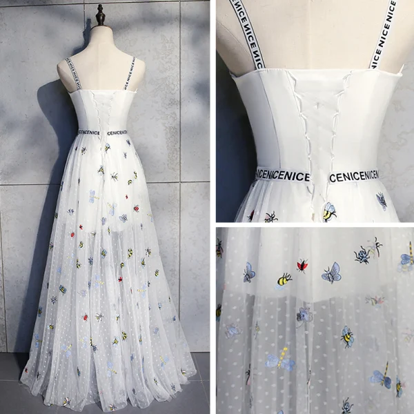 Lovely Ivory Summer Evening Dresses 2019 A-Line / Princess Shoulders Sleeveless Butterfly Embroidered Floor-Length / Long Ruffle Backless Formal Dresses