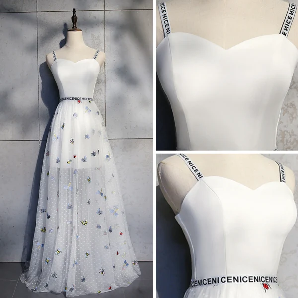 Lovely Ivory Summer Evening Dresses 2019 A-Line / Princess Shoulders Sleeveless Butterfly Embroidered Floor-Length / Long Ruffle Backless Formal Dresses