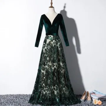 Elegant Dark Green Suede Evening Dresses 2019 A Line Princess See Through Deep V Neck Long Sleeve Appliques Sequins Floor Length Long Ruffle Backless Formal Dresses