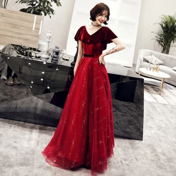 Chic Belle Bordeaux Daim Robe De Soirée 2019 Princesse V Cou Manches Courtes Ceinture Glitter Tulle Longue Volants Dos Nu Robe De Ceremonie