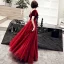 Chic / Beautiful Burgundy Suede Evening Dresses  2019 A-Line / Princess V-Neck Short Sleeve Sash Glitter Tulle Floor-Length / Long Ruffle Backless Formal Dresses