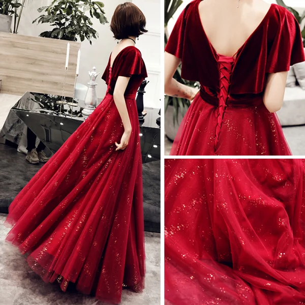 Chic / Beautiful Burgundy Suede Evening Dresses  2019 A-Line / Princess V-Neck Short Sleeve Sash Glitter Tulle Floor-Length / Long Ruffle Backless Formal Dresses
