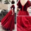 Chic / Beautiful Burgundy Suede Evening Dresses  2019 A-Line / Princess V-Neck Short Sleeve Sash Glitter Tulle Floor-Length / Long Ruffle Backless Formal Dresses