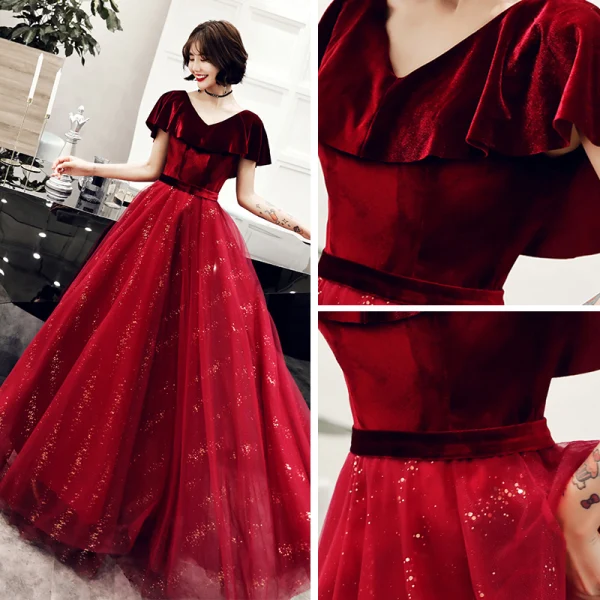 Chic / Beautiful Burgundy Suede Evening Dresses  2019 A-Line / Princess V-Neck Short Sleeve Sash Glitter Tulle Floor-Length / Long Ruffle Backless Formal Dresses