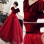Chic / Beautiful Burgundy Suede Evening Dresses  2019 A-Line / Princess V-Neck Short Sleeve Sash Glitter Tulle Floor-Length / Long Ruffle Backless Formal Dresses