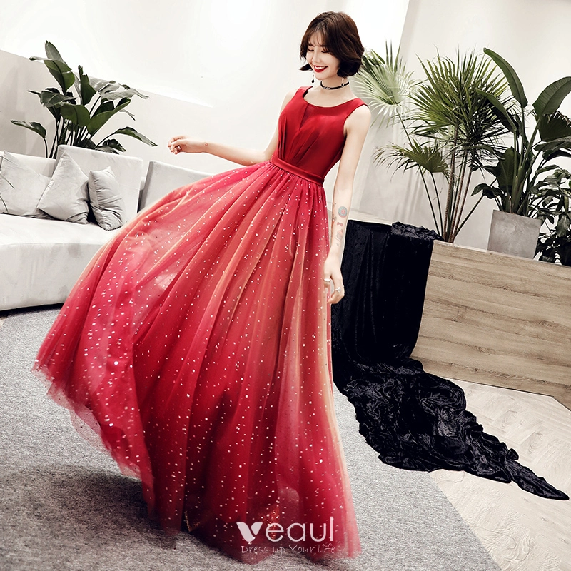 Elegant Red Gradient Color Evening Dresses 2019 A Line Princess Scoop Neck Sleeveless Glitter Tulle Floor Length Long Ruffle Backless Formal Dresses