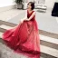 Elegant Red Gradient-Color Evening Dresses  2019 A-Line / Princess Scoop Neck Sleeveless Glitter Tulle Floor-Length / Long Ruffle Backless Formal Dresses