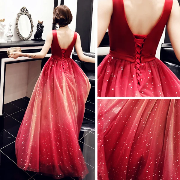 Elegant Red Gradient-Color Evening Dresses  2019 A-Line / Princess Scoop Neck Sleeveless Glitter Tulle Floor-Length / Long Ruffle Backless Formal Dresses