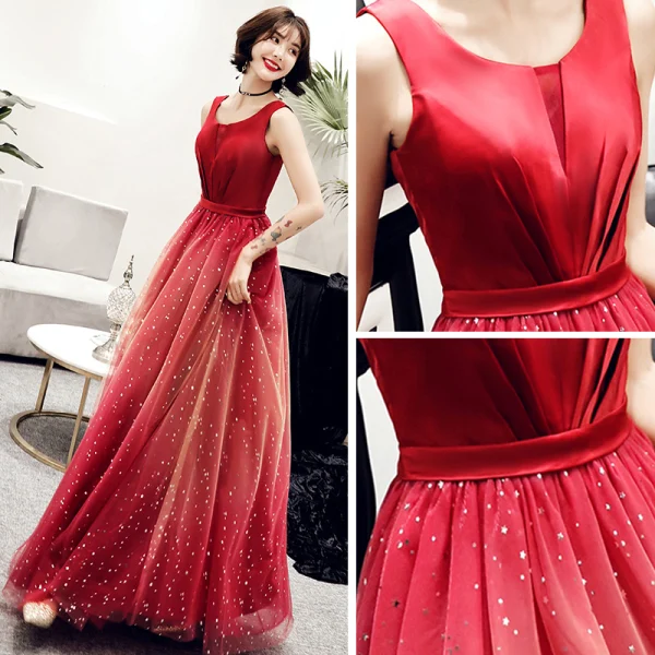 Elegant Red Gradient-Color Evening Dresses  2019 A-Line / Princess Scoop Neck Sleeveless Glitter Tulle Floor-Length / Long Ruffle Backless Formal Dresses