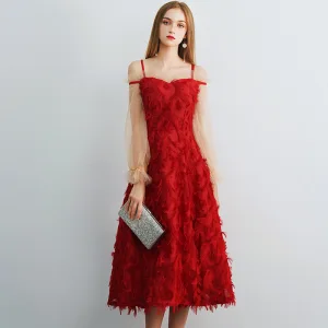 Chic Beautiful Red Homecoming Graduation Dresses 2019 A Line Princess Spaghetti Straps Puffy Long Sleeve Tea Length Ruffle Backless Formal Dresses