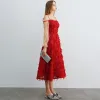 Chic / Beautiful Red Homecoming Graduation Dresses 2019 A-Line / Princess Spaghetti Straps Puffy Long Sleeve Tea-length Ruffle Backless Formal Dresses